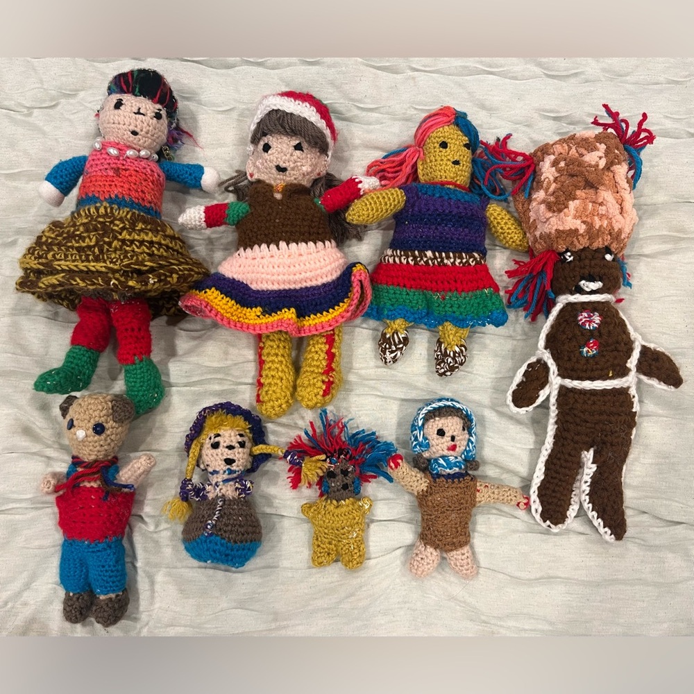 Handmade Crochet Doll Lot 9pcs Folk Art Plush Amigurumi Toys Colorful